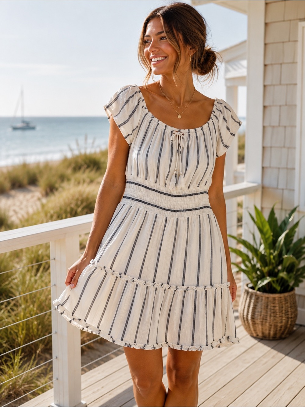 American Eagle Striped Smocked Waist Coastal Mini Dress Size Large